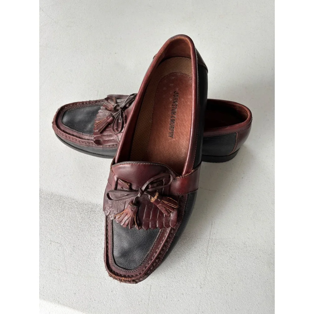 Johnston & Murphy 12W Two Tone Leather Kiltie Tassel Loafers 20-0592 Burgundy
